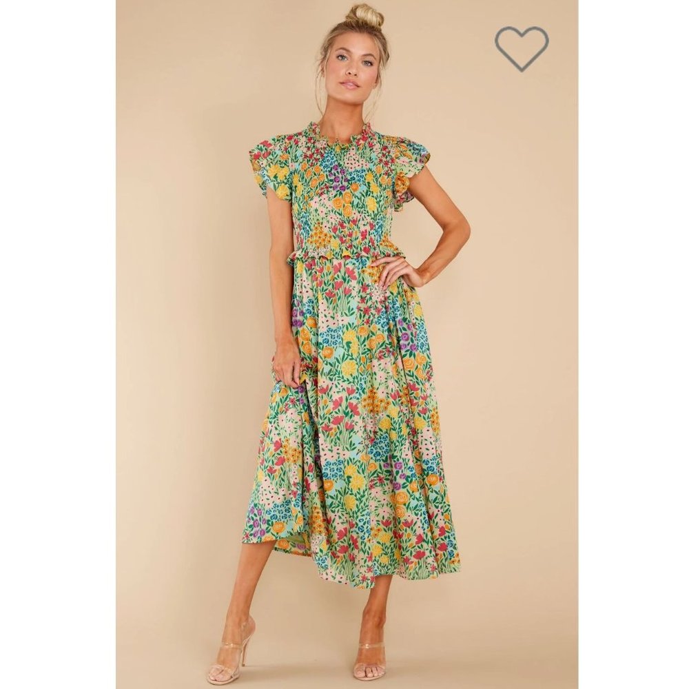 Olivia James the Label Lila Midi Dress Floral Print Meadow Mint Green Smocked L - Picture 3 of 16